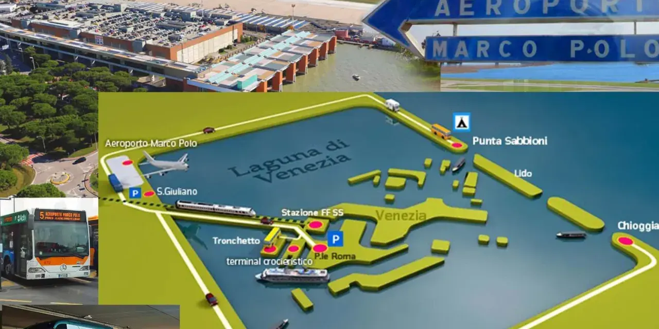 Mapa lotniska Marco Polo w Wenecji, pokazująca połączenia z laguną, transport publiczny i kierunki.