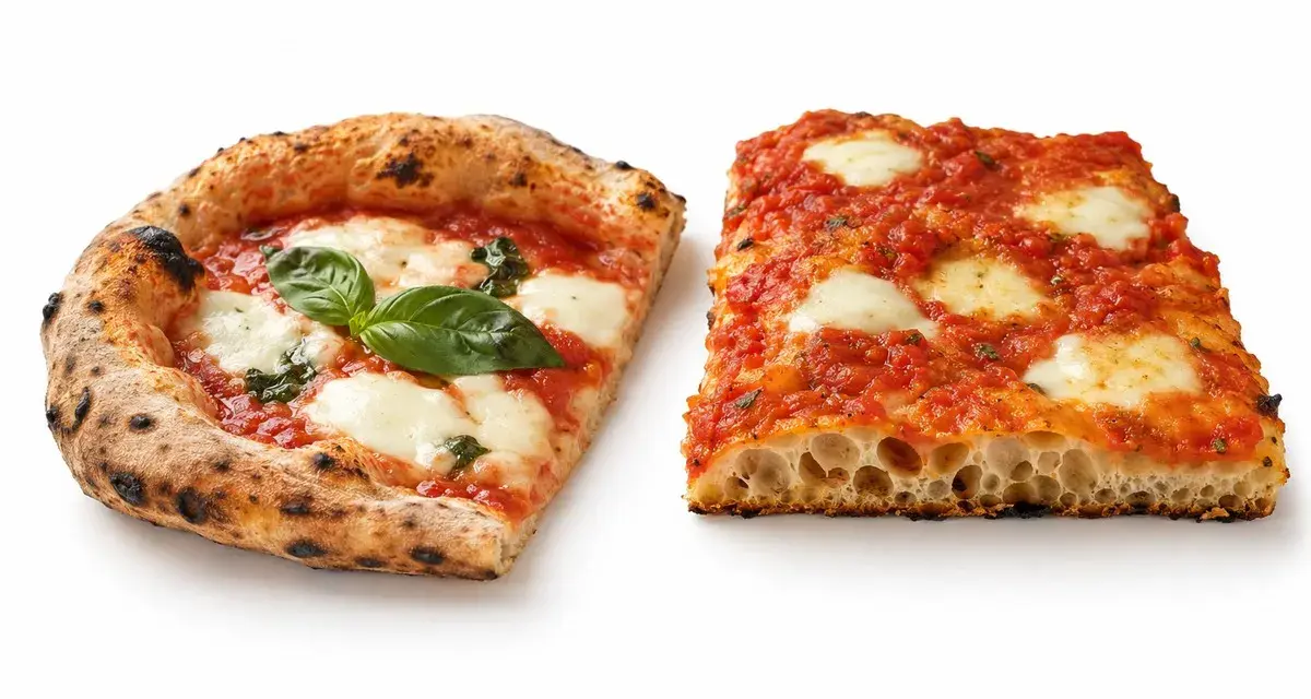 Dwie kromki pizzy: jedna okrągła z bazylią, druga prostokątna. Prawdziwy smak najlepszej pizzy w Rzymie.