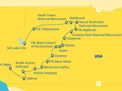 Mapa USA z trasą przez parki narodowe: Yellowstone, Badlands, Mount Rushmore, Wielki Kanion Kolorado, Mesa Verde i inne.