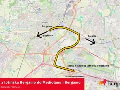 Mapa pokazuje trasę kolejową z lotniska Bergamo do Mediolanu i Bergamo.