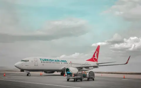 Samolot Turkish Airlines na płycie lotniska, gotowy do odprawy. Lot czarterowy wkrótce się rozpocznie.