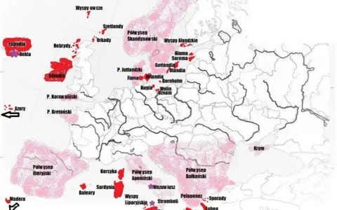 Mapa Europy z zaznaczonymi obszarami aktywnych wulkanów w Europie, m.in. na Islandii, Sycylii i w Grecji.