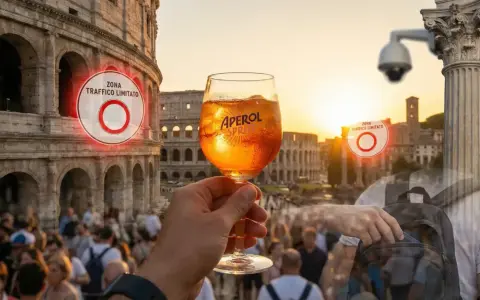 Koloseum, Aperol Spritz, znak ZTL i kamery monitoringu w Rzymie.