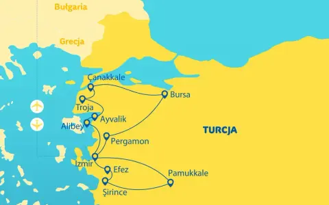 Mapa turystyczna pokazuje trasę po zachodniej Turcji, wzdłuż Morza Egejskiego. Odwiedzane miejsca to m.in. Troja, Pergamon, Efez, Pamukkale.