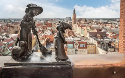 Figurki krasnali: czarownica z kotem i miotłą, na tle panoramy Wrocławia.