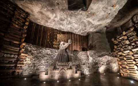 W kopalni w Wieliczce wydobywa się sól, co upamiętnia rzeźba Mikołaja Kopernika.