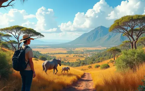 Turysta w kapeluszu i z plecakiem obserwuje antylopy na tle malowniczego krajobrazu Madagaskaru.
