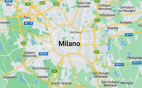 Mapa pokazuje, gdzie leży Mediolan, otoczony przez miasta takie jak Rho, Bollate, Sesto San Giovanni i Buccinasco.
