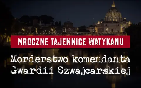 Nocny widok Watykanu z napisem "Mroczne tajemnice Watykanu" i "Morderstwo komendanta Gwardii Szwajcarskiej".