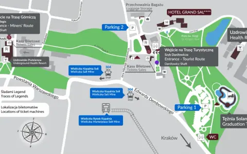 Mapa Wieliczki z zaznaczonymi wejściami do kopalni, parkingami, hotelami i atrakcjami.