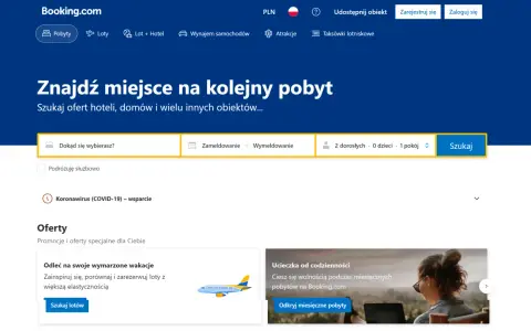 Strona główna Booking.com z polem wyszukiwania noclegów i ofertami podróży.