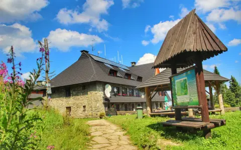 Kamienny schronisko na Turbaczu z dzieckiem w tle, otoczone zielenią i kwitnącymi kwiatami.