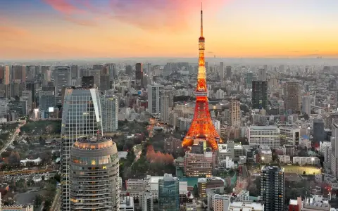 Widok na Tokio, jedno z 10 największych miast na świecie, z wieżą Tokyo Tower w pomarańczowych barwach o zachodzie słońca.