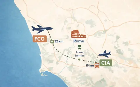 Mapa Rzymu: lotnisko Fiumicino (FCO) 32 km od centrum, lotnisko Ciampino (CIA) 15 km od dworca Roma Termini.