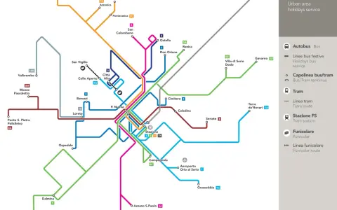 Mapa komunikacji miejskiej Bergamo: linie autobusowe, tramwajowe i kolejki.