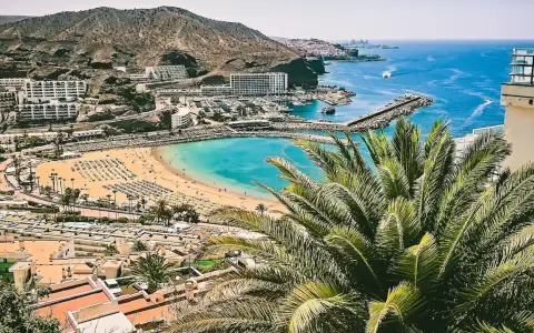 Widok na zatokę z plażą, hotelami i palmami na Gran Canarii.