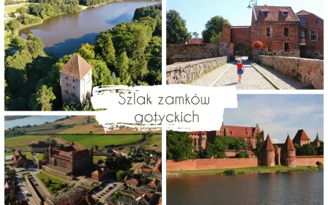 Kolaż zdjęć przedstawiający zamki i wieże obronne w otoczeniu przyrody i miasteczek.