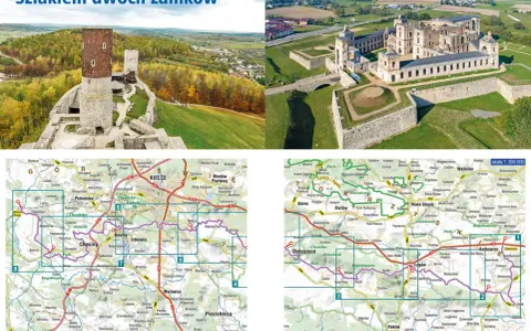Dwa zamki na tle krajobrazu, z mapą szlaku poniżej.