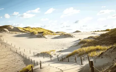 Piaskowe wydmy i trawy na tle błękitnego nieba z chmurami. Ścieżka wyznaczona przez słupki i sznurki prowadzi przez krajobraz, który przypomina pustynię. To piękny park narodowy Słowiński.