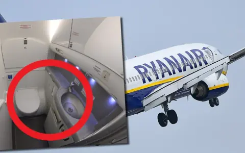 Pierwszy lot samolotem Ryanair. Wnętrze toalety i samolot w locie.