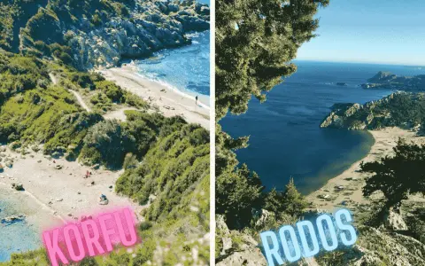 Dwie greckie wyspy: Korfu z piaszczystą plażą i Rodos z zatoką otoczoną wzgórzami.