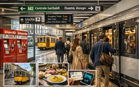 Wsiadanie do metra w Mediolanie, obok żółtego tramwaju. W rogu zdjęcie biletu i pysznego risotto.