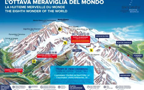 Mapa z trasami i punktami widokowymi na Mont Blanc, z zaznaczonymi kolejkami i szczytami.