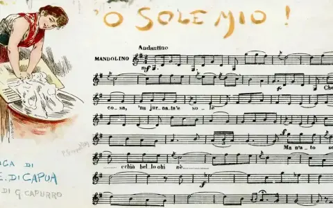 Ilustracja kobiety piorącej przy misce obok nut piosenki "O Sole Mio".