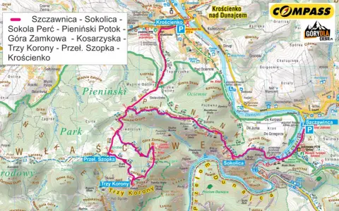 Fragment mapy turystycznej Pienin z zaznaczonymi szlakami i nazwami szczytów: Trzy Korony, Sokolica.