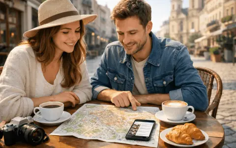 Para planuje weekendowy city break, studiując mapę i telefon przy kawie i croissantach.