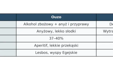 Tabela porównuje Ouzo i Tsipouro: tsipouro to mocniejszy destylat z wytłoków winogron, idealny do posiłków.