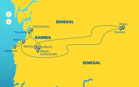 Mapa Gambii i Senegalu z zaznaczonymi atrakcjami turystycznymi i trasami podróży.