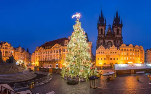 Jarmark bożonarodzeniowy w Pradze. Ogromna, oświetlona choinka na Rynku Staromiejskim, w tle gotycka architektura i zabytkowe kamienice.