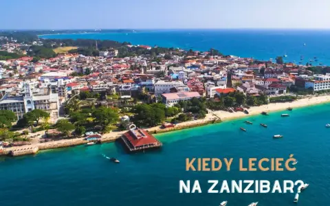 Widok z lotu ptaka na miasto Zanzibar z białymi budynkami, plażą i turkusowym morzem.