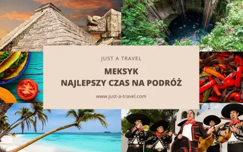 Kolaz z piramidą Majów, cenotem, jedzeniem, plażą i mariachi.