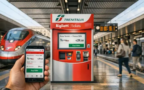 Ręka trzyma smartfon z aplikacją Trenitalia, obok biletomat na peronie. Szybkie pociągi we Włoszech czekają na pasażerów.