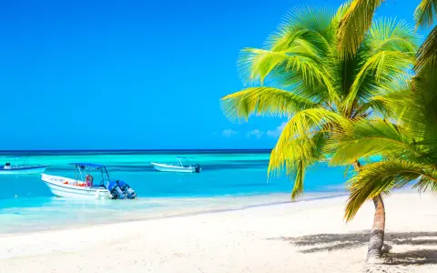 Tropikalna plaża z palmami i łodziami na turkusowej wodzie.
