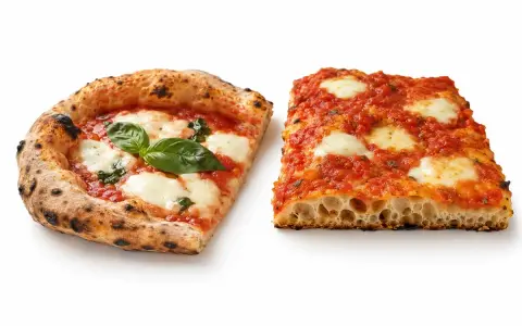 Dwie kromki pizzy: jedna okrągła z bazylią, druga prostokątna. Prawdziwy smak najlepszej pizzy w Rzymie.