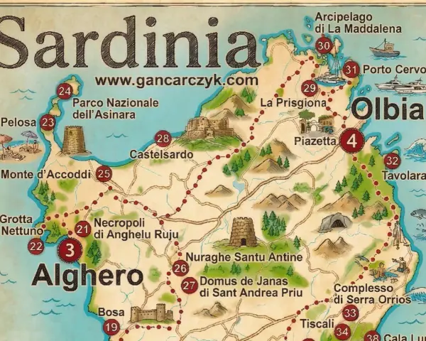 Mapa turystyczna Sardynii, pokazująca gdzie leży ta włoska wyspa, z zaznaczonymi atrakcjami jak Alghero, Olbia i Porto Cervo.