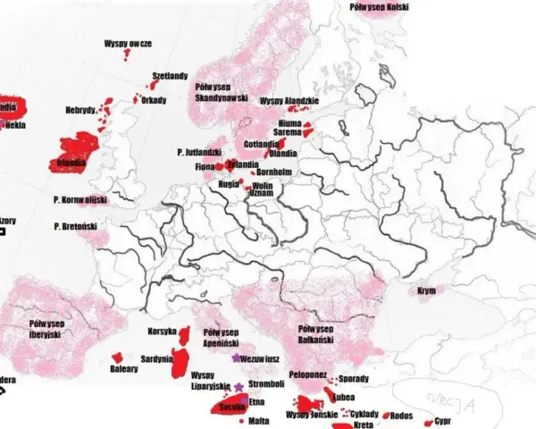 Mapa Europy z zaznaczonymi obszarami aktywnych wulkanów w Europie, m.in. na Islandii, Sycylii i w Grecji.