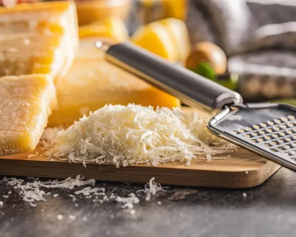 Stos tartego parmezanu, znanego jako parmigiano reggiano, obok bloków sera i tarki.