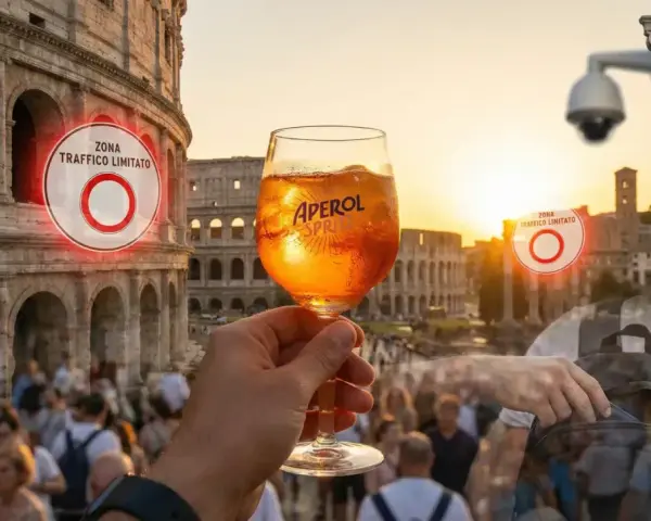 Koloseum, Aperol Spritz, znak ZTL i kamery monitoringu w Rzymie.