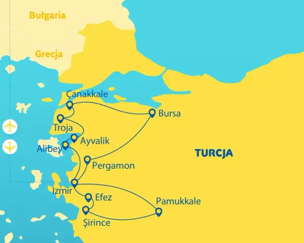 Mapa turystyczna pokazuje trasę po zachodniej Turcji, wzdłuż Morza Egejskiego. Odwiedzane miejsca to m.in. Troja, Pergamon, Efez, Pamukkale.