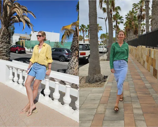 Fuerteventura luty pogoda: dwie kobiety w letnich strojach, jedna w żółtej koszuli i szortach, druga w zielonej bluzce i spódnicy, cieszą się słońcem i palmami.