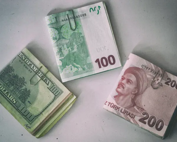 Stos banknotów 200 lir tureckich obok euro i dolarów. Waluta w Turcji to lira.