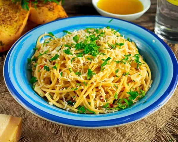 Pyszne spaghetti aglio olio posypane parmezanem i natką pietruszki, podane w niebieskiej misce. Obok grzanki czosnkowe i kawałek sera.