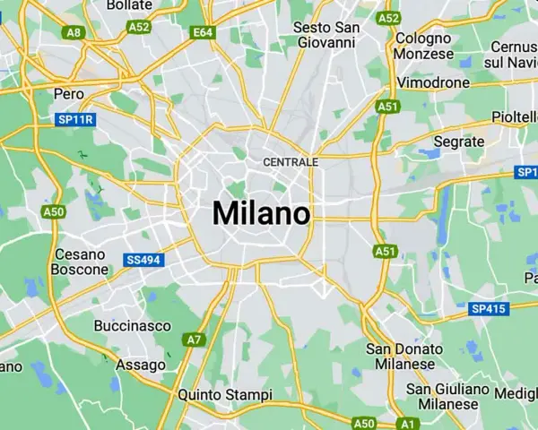 Mapa pokazuje, gdzie leży Mediolan, otoczony przez miasta takie jak Rho, Bollate, Sesto San Giovanni i Buccinasco.