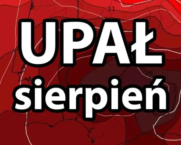 Mapa synoptyczna z zaznaczonym upałem w Tunezji w sierpniu. Czerwone barwy wskazują wysokie temperatury.