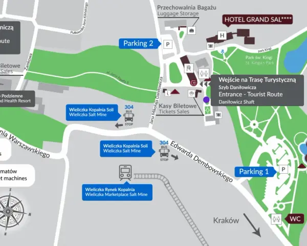 Mapa Wieliczki z zaznaczonymi wejściami do kopalni, parkingami, hotelami i atrakcjami.
