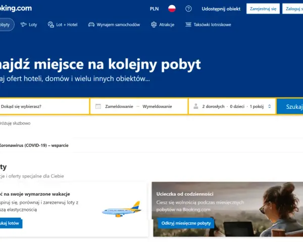 Strona główna Booking.com z polem wyszukiwania noclegów i ofertami podróży.